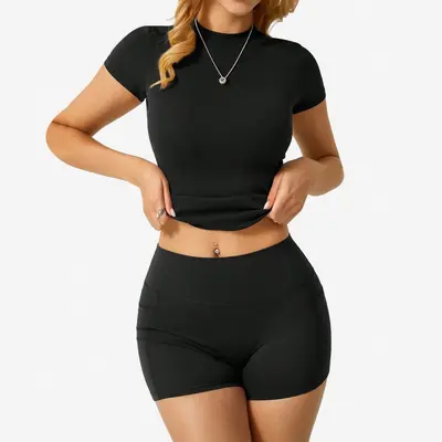 Women's Yoga Set 15 Colors, Nylon Double-Sided Brushed, Pocket Top and Shorts