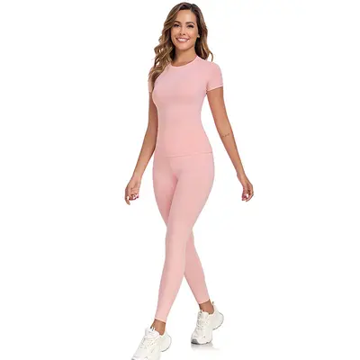 Yoga and Running Round Neck Short Sleeve Slim Fit Top and Long Pants Set - 9