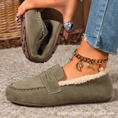 Kadın büyük numara loafer ayakkabı, kışlık kadife astarlı, peluş düz taban