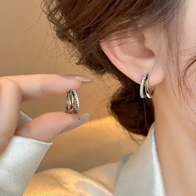 Silver rhinestone double-layer ear clips with hoop design - 3