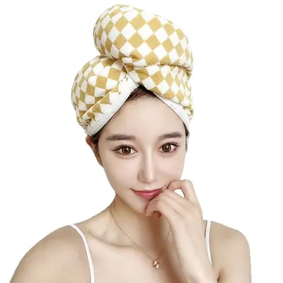 Checkered Absorbent Quick-Dry Women's Hair Cap, Thickened Hair Towel Wrap