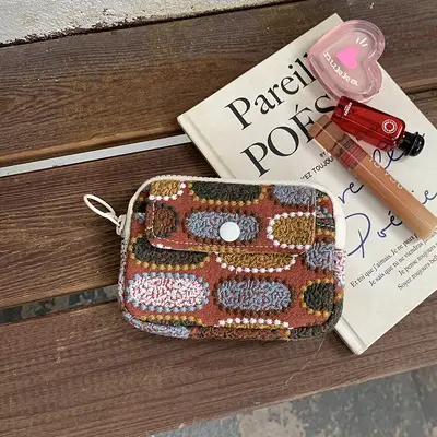 Card holder, coin purse and earphone storage bag, cotton-linen, embroidered - 7