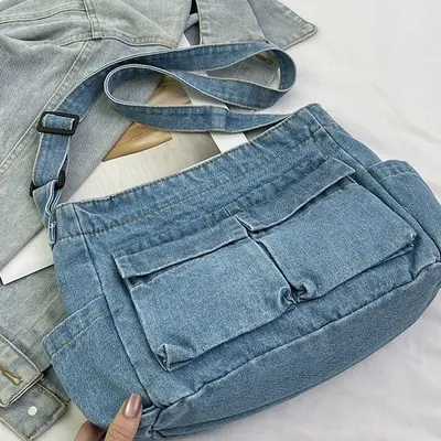 Women's Large Denim Retro Crossbody Bag - 4