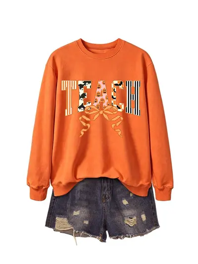 Damen-Sweatshirt mit Geister-Kürbis, vertikalen Streifen und Schleife - 10