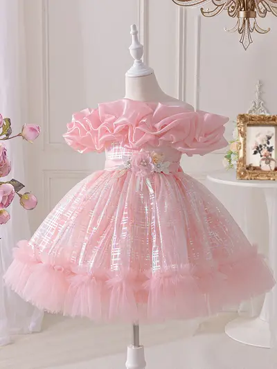 Kız çocuk tek omuz pembe tül prenses elbise çiçek kızı