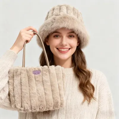 Autumn Winter Plush Shoulder Bag, Fluffy Women's Bag with Bucket Hat - 8