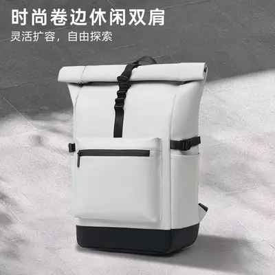 Men's Solid Color Roll-Top Backpack, Customizable Logo - 1