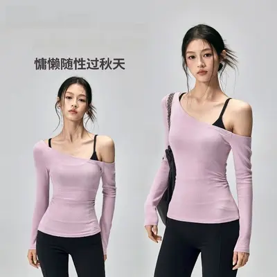Damen-Yoga-T-Shirt, Langarm, Slim Fit, Schulterfrei