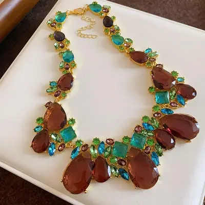 Vintage Square Rhinestone Necklace Set with Delicate Collarbone Chain - 13