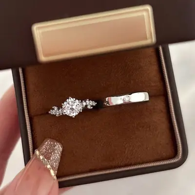 Wedding simulated diamond ring pair, moissanite, adjustable - 12