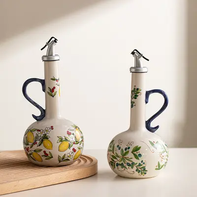 Keramik-Olivenölkanne mit handgemaltem Fischdesign, automatischer Deckel, Sojasauce-Essig-Gewürzflasche für Küche, grenzüberschreitend beliebtes Produkt - 12