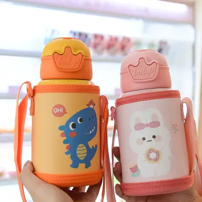 Paslanmaz Çelik Çocuk Termos Pipetli Bardak, 500 ml Askılı Su Şişesi - 2