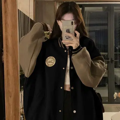 Kadınlar için sınır ötesi tembel stil beyzbol ceketi, sonbahar ve kış polar astarlı kalın retro gevşek gündelik hırka sweatshirt ins trendi