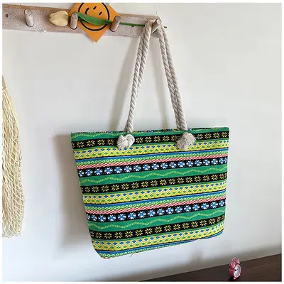 Canvas-Achseltasche im ethnischen Stil mit Hanfseil-Griff - 9