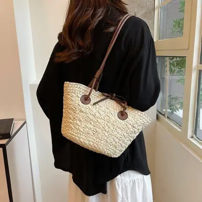 Women's Large Woven Straw Tote Beach Bag - 5