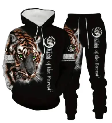 Men's Animal Print Hooded Sweatshirt Set, Spring Autumn, European Style - 11