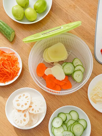 Çok fonksiyonlu salata kurutucu, sebze kesici, drenaj sepeti, ev tipi sebze, meyve, salatalık, patates parçalama ve dilimleme maddesi