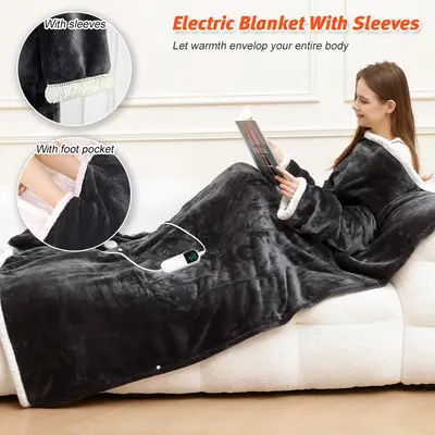Wearable Heated Blanket with Sleeves and Foot Pocket, Constant Temperature Electric Blanke