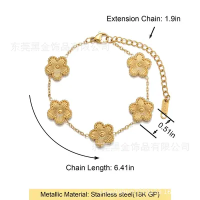 Titanium Steel Five-Leaf Flower Oval Diamond Bracelet, 18K Gold