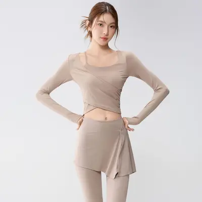 Women's Yoga Set with Built-in Chest Pads, Long Sleeve Faux Two-Piece Fitness Set - 6