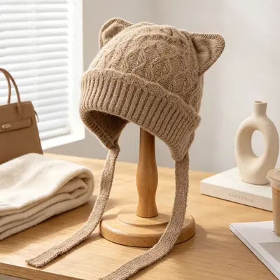 Korean-Style Cute Cat Ear Knit Hat, Soft Yarn - 9