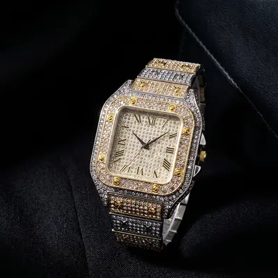 Men's watch, square diamond-studded, steel band, quartz - 4