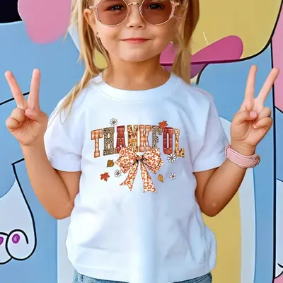 Girls' Bow Pattern Printed Short Sleeve T-Shirt, Ages 1-8