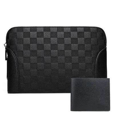Men's Clutch Bag with Fingerprint Lock, Phone and Coin Compartments, Checkered Pattern - 8