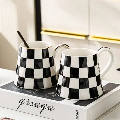 Ceramic Mug Black and White with Gold Rim Checkered Stripes Polka Dots