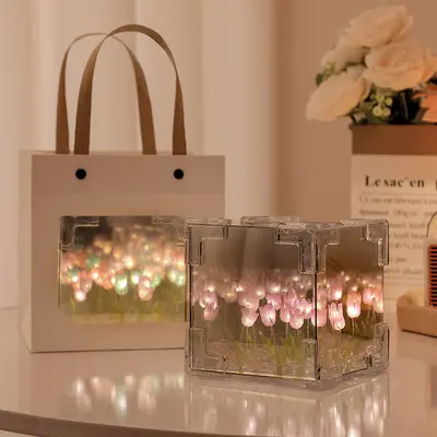 Handmade DIY Flower Cube Tulip Finished Product Night Light Creative Desktop Atmosphere Lamp Decoration Valentine's Day Gift