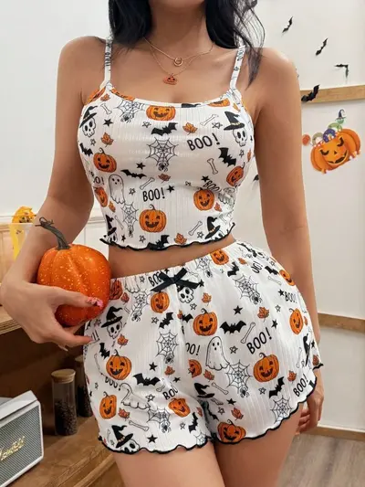 Women's Pumpkin Print Bow Suspender Shorts Set, 2-Piece Homewear