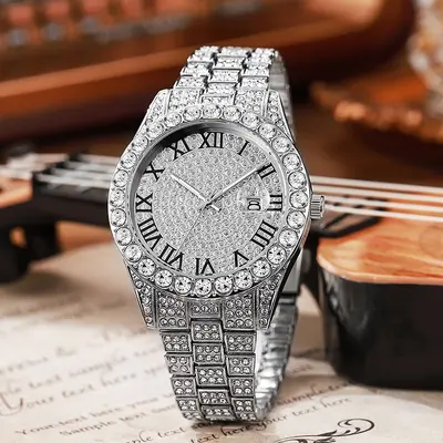 Damen-Quarzuhr mit Edelstahlband, Kalender und Strass - 4