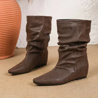 Vintage Pointed Toe Wedge Heel Short Boots, Inner Height Increase - 9
