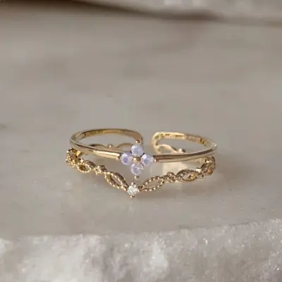 In Europa und Amerika sehr beliebter verstellbarer offener Ring mit Zirkonsteinen, 16er vergoldetes Kupfer mit echtem Gold, süßer und niedlicher Blütenring für Frauen. - 10