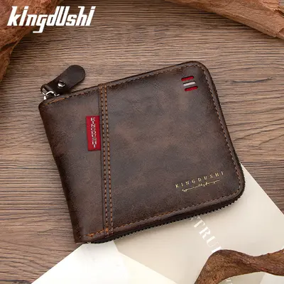 Erkek Kısa Cüzdan, Yağlı Deri Patchwork, Çoklu Kart Gözü, Fermuarlı Bozuk Para Bölmesi