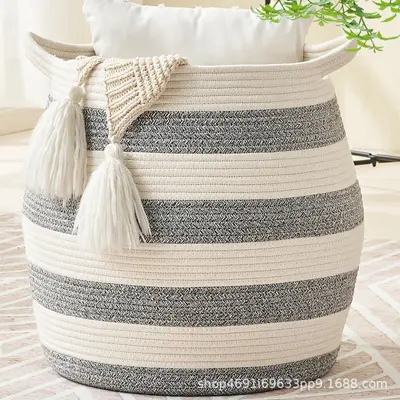 Woven Cotton Rope Storage Basket with Handle, Laundry Hamper