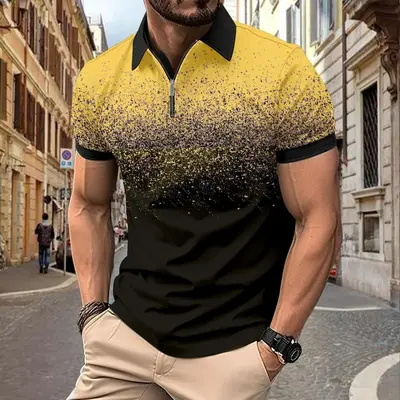 Men's 3D Gradient Print Zip Polo Shirt, Short Sleeve, Plus Size - 5