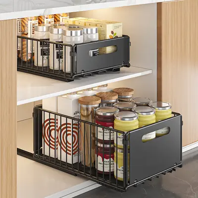Kitchen cabinet pull-out storage basket with drawer rail