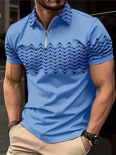 Men's 3D Gradient Print Zip Polo Shirt, Short Sleeve, Plus Size - 11