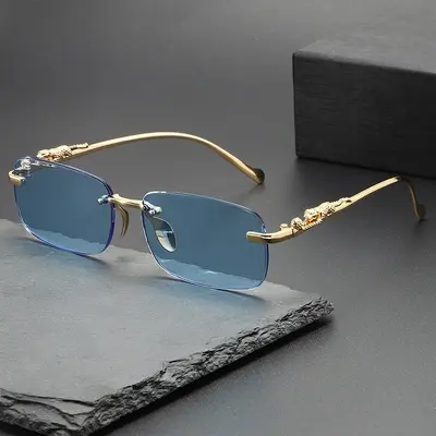 Frameless Cut-Edge Men's Sunglasses with Small Leopard Temple Design - 5