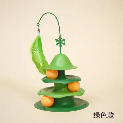 Christmas Turntable Cat Toy with Ball, Feather and Bell Teaser Wand - 7