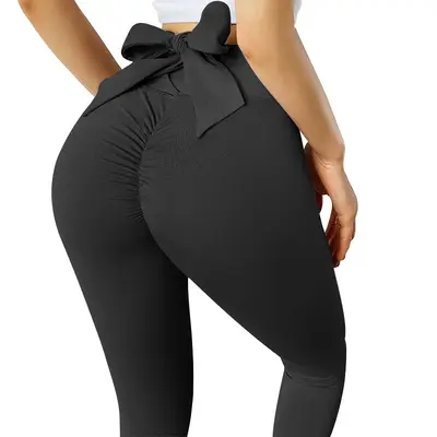 Kadın Yüksek Belli Fiyonklu Yoga Pantolonu, Şeftali Kaldırıcı Tayt