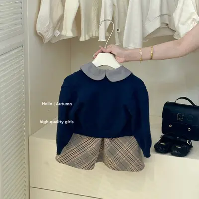 Mädchen-Set im koreanischen Stil: Karo-Weste-Kleid mit blauer Strickjacke - 8
