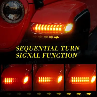 Fits Wrangler JL 18-25 models, wheel arch turn signal lights, daytime running lights, sequential light effects, Gladiator vehicle light modification.