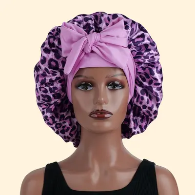 Leopard Print Drawstring Sleep Cap with Wide-Brim Beauty Hair Care Hat - 9