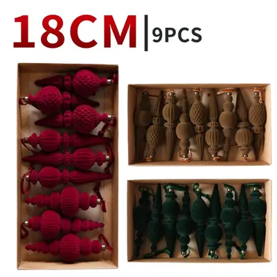 Velvet Lantern Cone Christmas Ball Set 18 CM, 9 Pieces Solid Color Plastic
