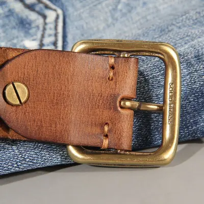 Vintage copper buckle men's belt washed denim belt genuine leather fashion pin buckle men's top grain cowhide belt authentic