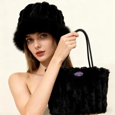 Autumn Winter Plush Shoulder Bag, Fluffy Women's Bag with Bucket Hat - 2