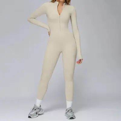 Kadın Polar Astarlı Fermuarlı Tulum Yoga Kıyafeti, Uzun Kollu Sıcak Tutan Spor Tulumu - 4