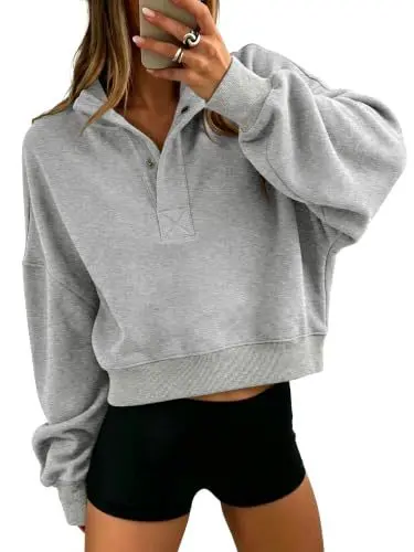 Henley Yaka Uzun Kollu Sweatshirt, Yumuşak ve Rahat Kesim, Sonbahar Kış - 8